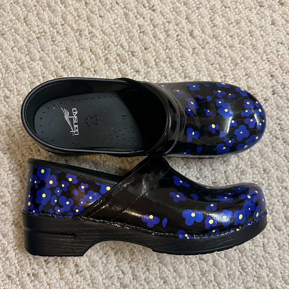 Dansko Black and Blue Floral Clogs